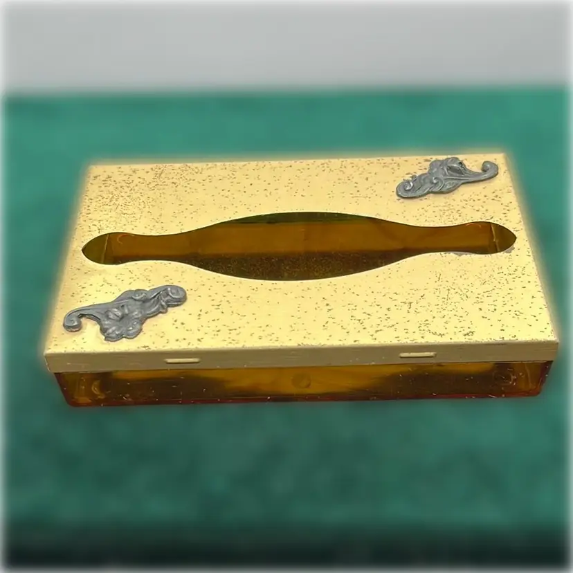 4.5”x 2.75 Vintage Tortoise Shell AcryliclTissue / Kleenex Holder, Metal Top, Made By Gold Tone