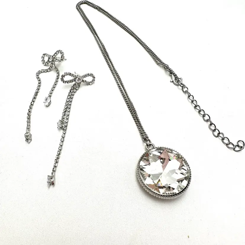 Rhinestone Pendant Necklace Bow Earrings Silver Tone Bridgerton Inspired Jewelry Lot