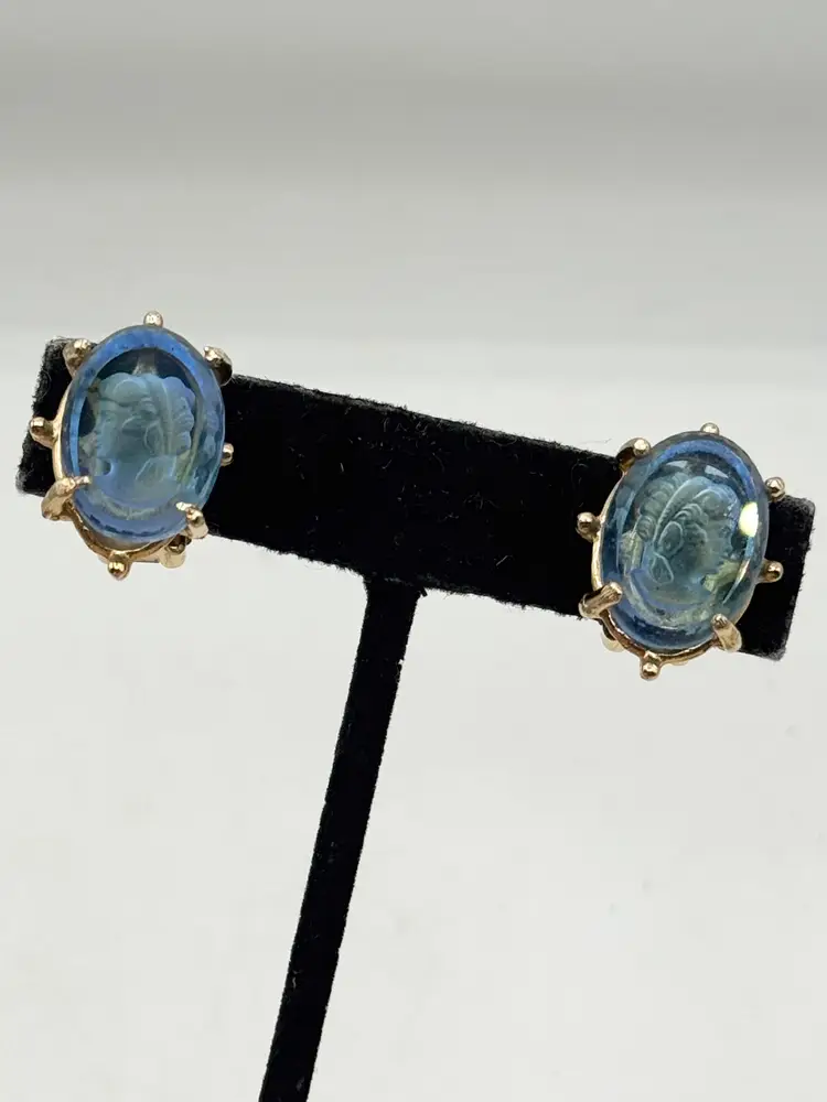 Vintage blue cameo intaglio glass clip on earrings