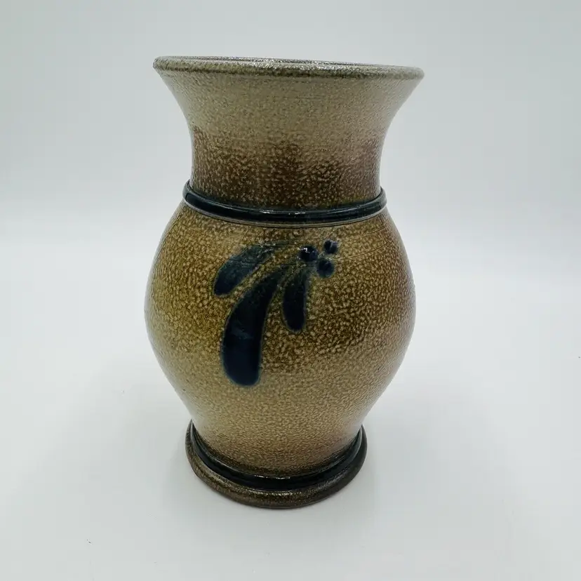 Vintage Rowe Pottery Works Stoneware Vase Salt Glaze Blue Gray Signed 7.5in