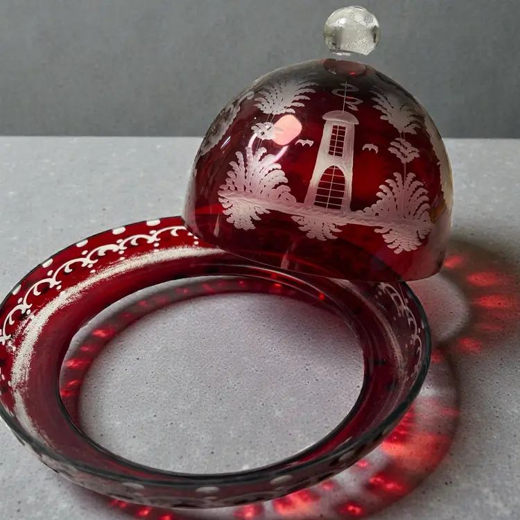 035 Ruby Red Czechoslovakian Bohemian Practic Clear Butter/Cheese Covered Dish 5.75" X 6.75"