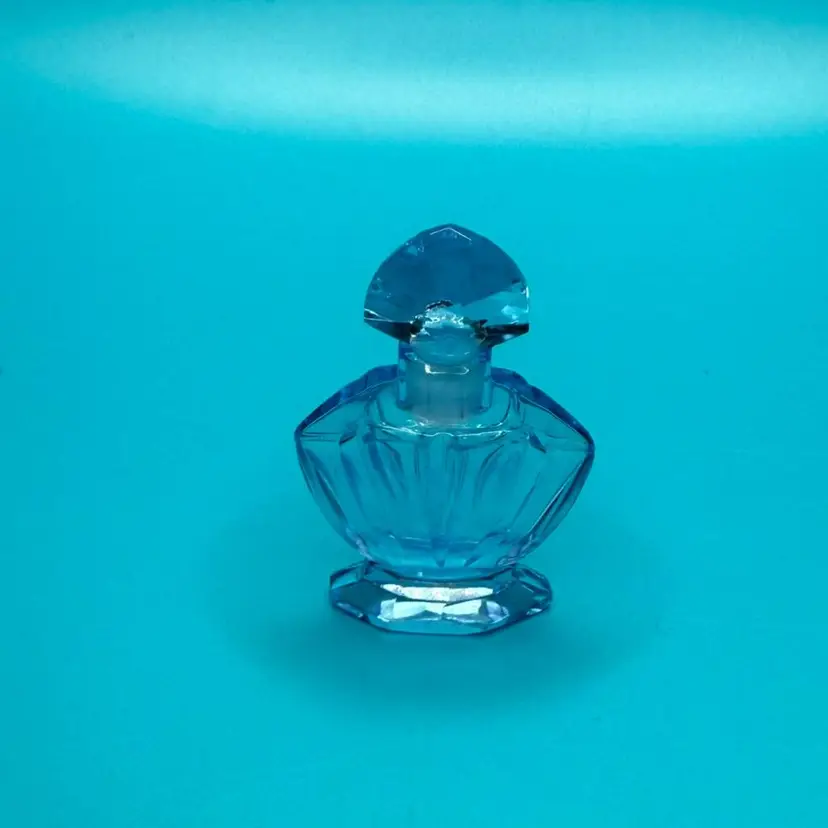 VTG Mini Czechoslovakia Blue Cut Faceted Glass Fan Perfume Bottle w/Stopper 2.5"
