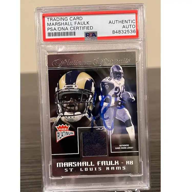 2004 Fleer Platinum Marshall Faulk Game Used Jersey Auto PSA St. Louis Rams