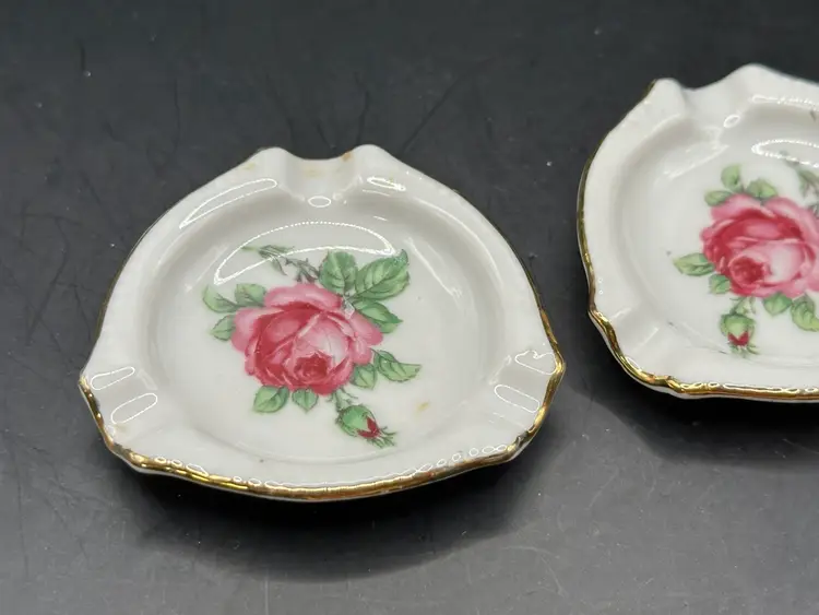 Delicate pink rose Bavaria Germany Vintage Fine Porcelain mini Ashtray Set Of  2