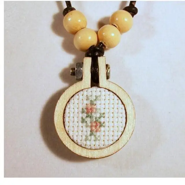 Cross Stitch Pink Petite Flower Bouquet  Mini Embroidery Hoop Boho Pendant Necklace 16