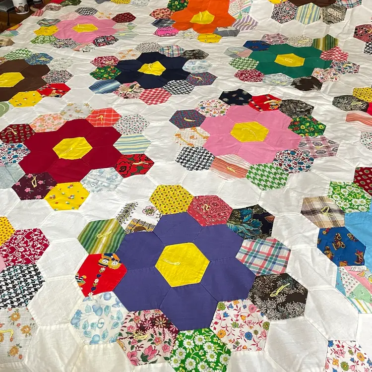 Hand Stitched Tied Patchwork Quilt Coverlet Grandmother's Groovy Flower Garden Vintage 1970s NO Batting 88x91.5"