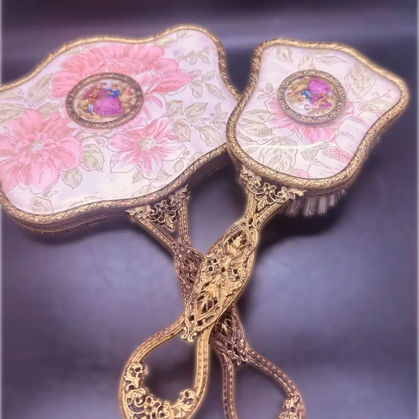 21. VTG Hollywood Regency Romantic Hand-Painted Gilt Filigree Vanity Mirror and Brush Set
