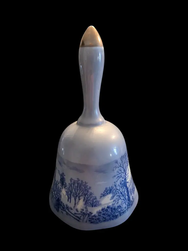Currier & Ives Copenhagen Porcelain Bell, Featuring a Silver-Toned Handle and a Blue-and-White Winter Scene Made In Japan