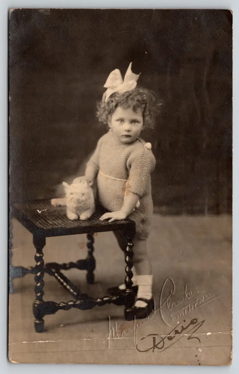 Postcard RPPC Girl with Stuffed Animal Cat Toy Real Photo - 9042