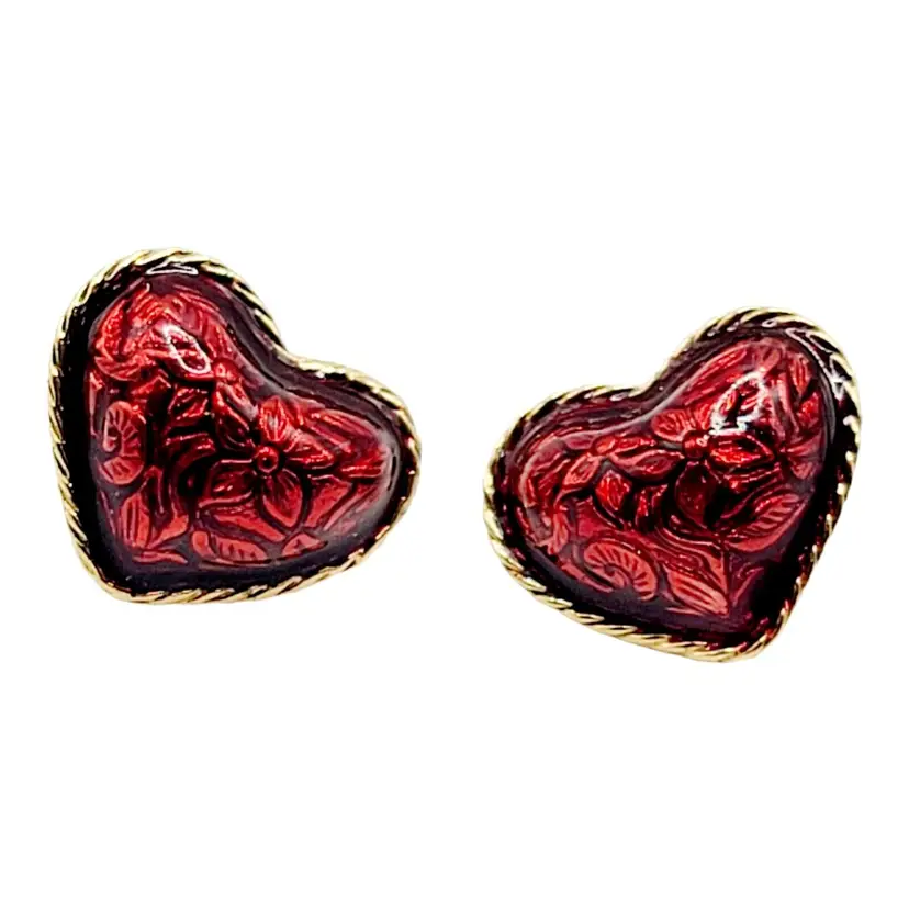 Vintage AVON Red Heart Earrings With Gold Tone Trim and Floral Design