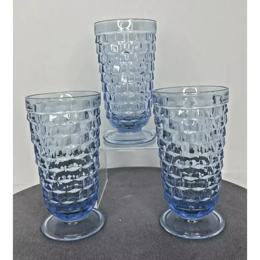 Vintage Indiana Glass Blue Whitehall Colony Cubist Footed Drinking Glasses (3)
