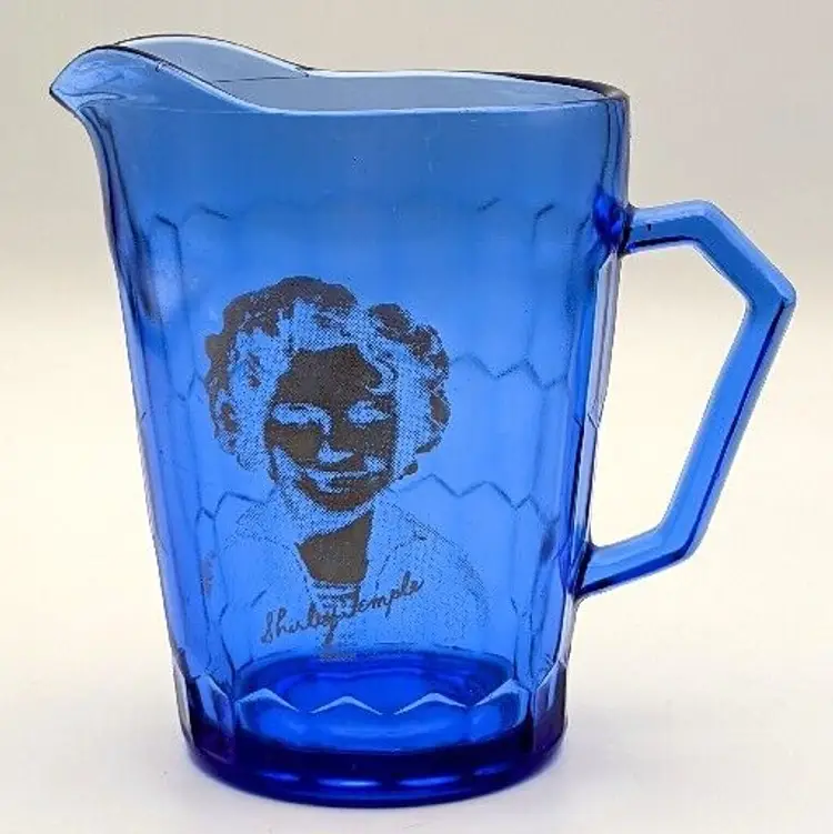Vintage Shirley Temple 4.5” Tall Blue Cobalt Glass Pitcher Creamer Hazel Atlas