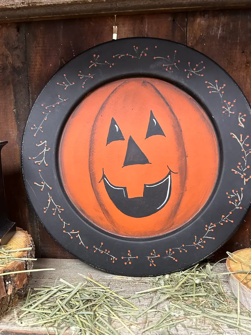 Halloween Handpainted Wood pumpkin Plate Folk Art Primitive 