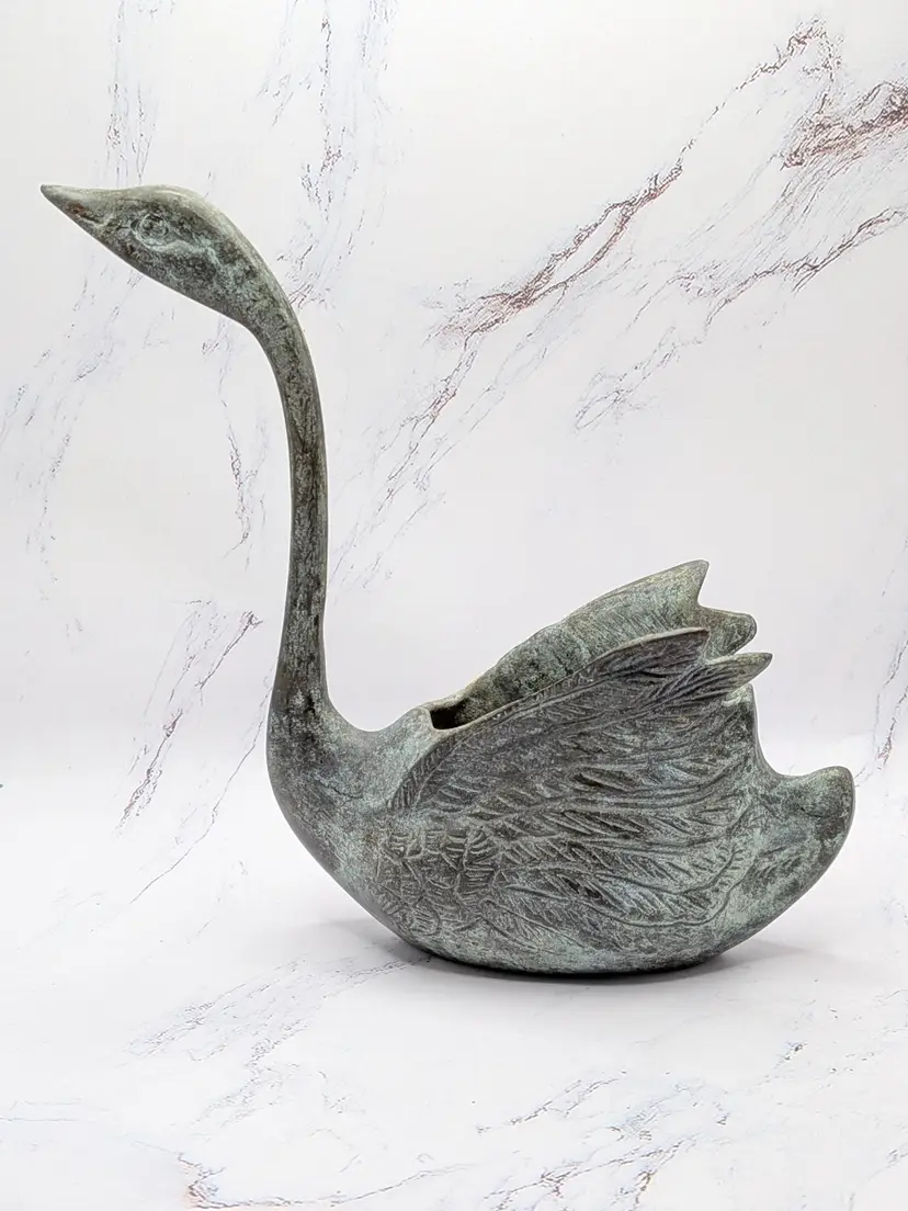 brass swan planter shelf decor neck up heavy patina natural oxidization