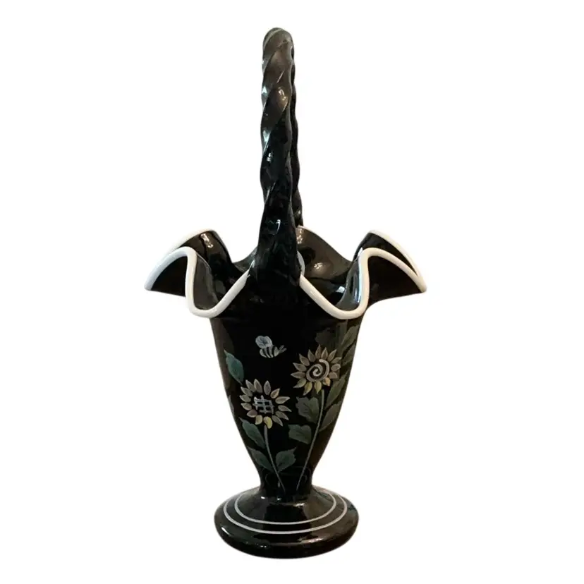 Fenton Black Ebony Snowcrest Basket 10” X 5 1/2”