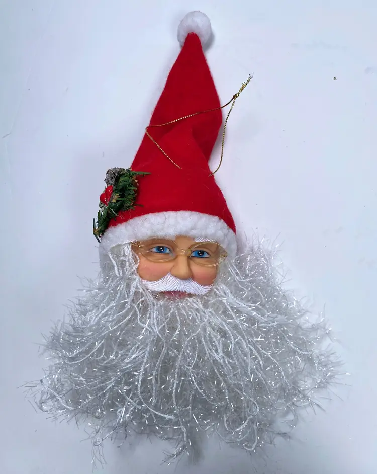 *VTG* Santa Claus Christmas Ornament with Tinsel Beard & Eye Glasses 14"