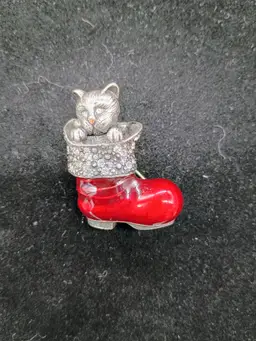 Silver Tone Enameled Cat in a Red Santa Boot with Rhinestones Brooch Christmas