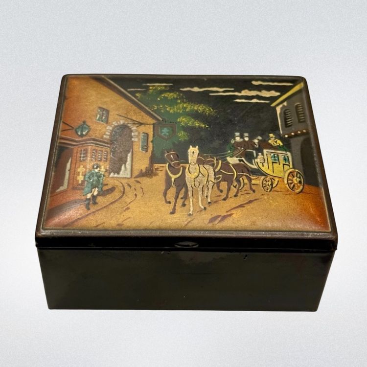 Antique Hand Painted Trinket Box English Stagecoach 4”
