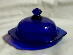 Vintage Miniature Blue Cobalt Pressed Glass Butter Or Cheese Dish And Domed Lid
