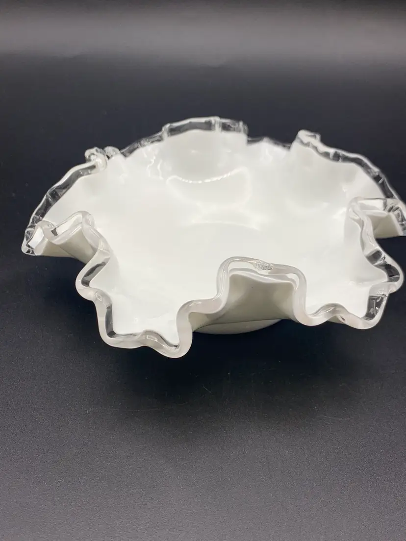 #34 - Fenton Milk Glass Candy Bowl Dish Silver Crest Ruffled Edge 6” Vintage
