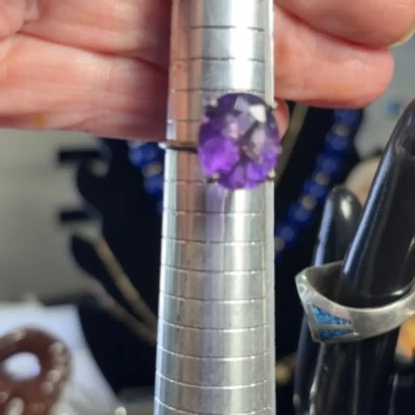 Sterling Silver Purple Glass Gun Metal Finish Ring Size 8.5