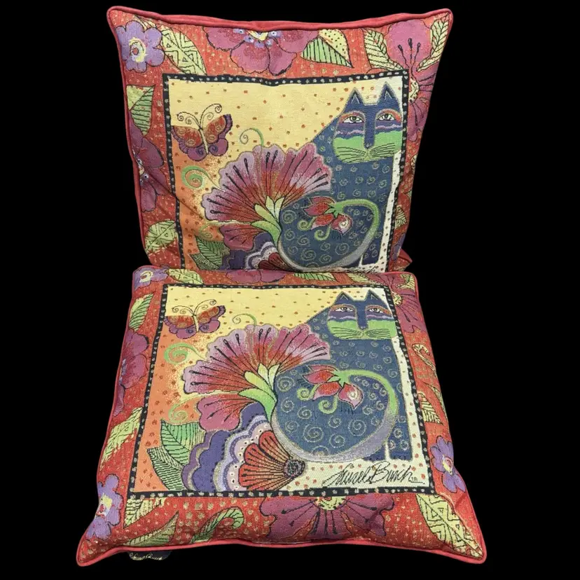 Pair Of Laurel Burch Cat And Butterfly Decor Throw Cushions 17”x17”