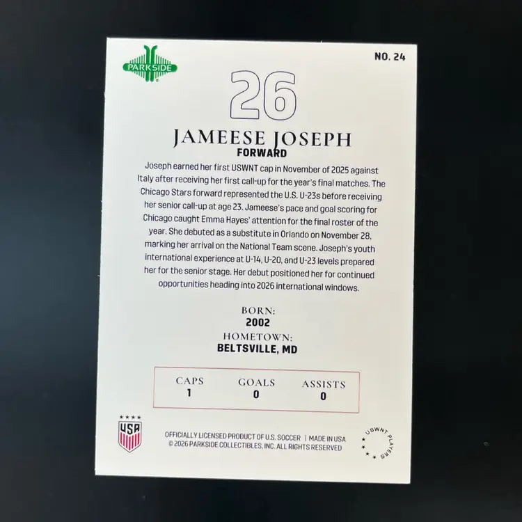 Jameese Joseph 2026 Parkside USWNT The Squad Red /25 Soccer Card
