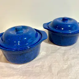 2 Blue Speckled Stoneware Casserole Dishes W/Lids Made In Portugal 1/2 Quart