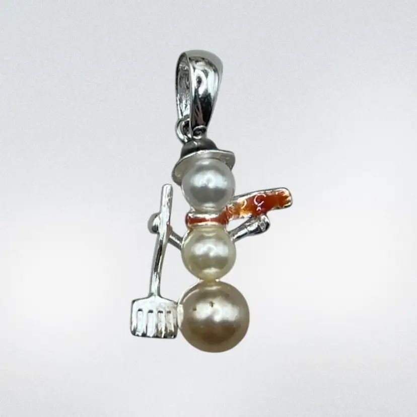 Sterling Silver And Pearl Snowman Charm With Red Scarf And Shovel