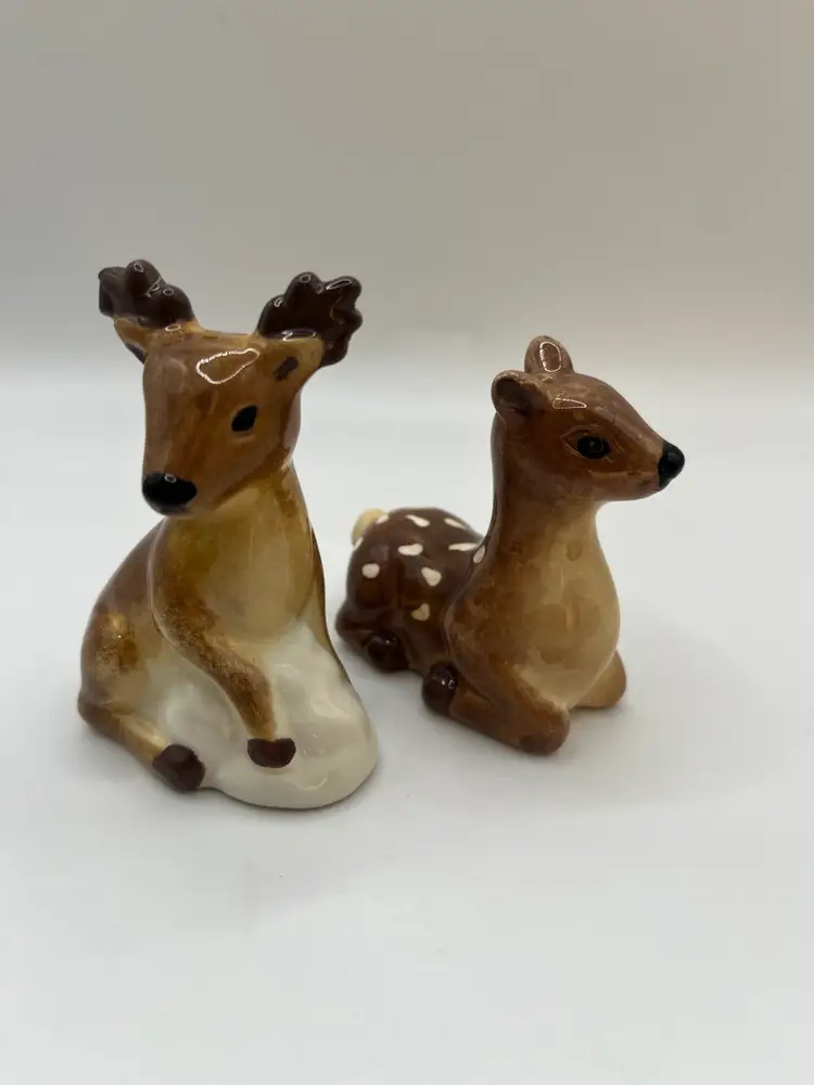 Woodland Rustic Stag Buck Doe Fawn Deer Salt and Pepper Shakers Ceramic