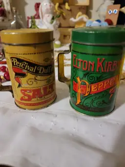 Vintage Salt Pepper Shakers, Percival Duffins Salt, Elton Kirbys Pepper