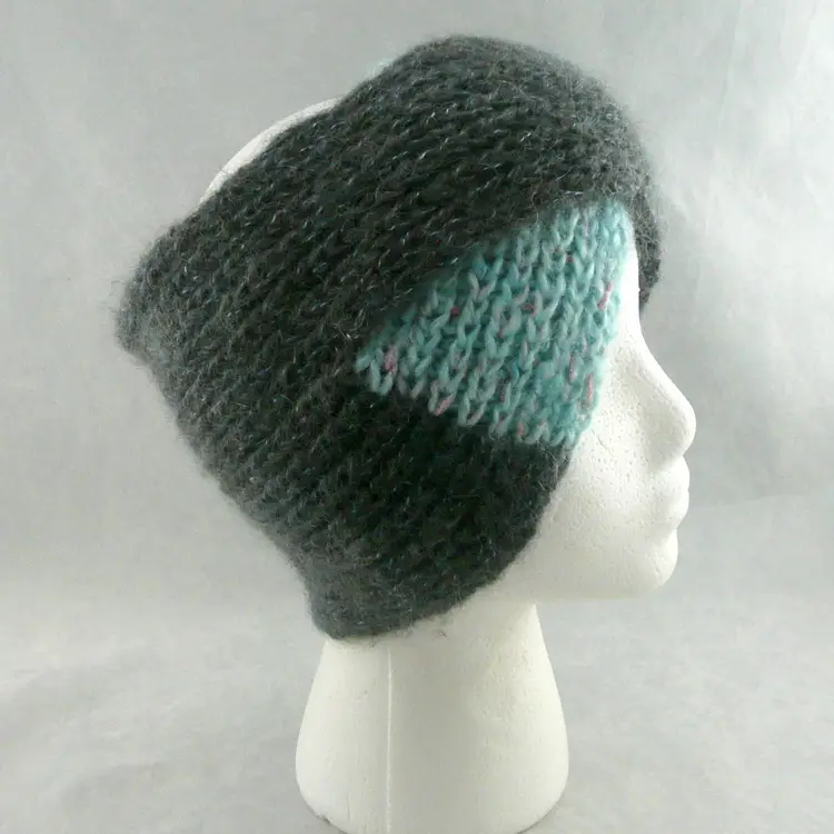 Handmade Knit Two Tone Gray Aqua Split Turban Style Ear Warmer Head Wrap