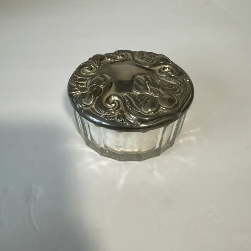 Antique Crystal Glass Powder Dish Art Nouveau Pewter Cover W/Mirror & Brush