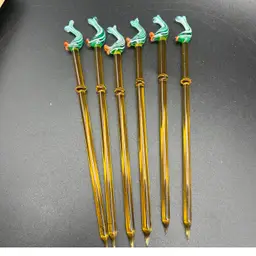 Set Of 6 - Glass Fish Swizzle Sticks Amber Green 7” Long