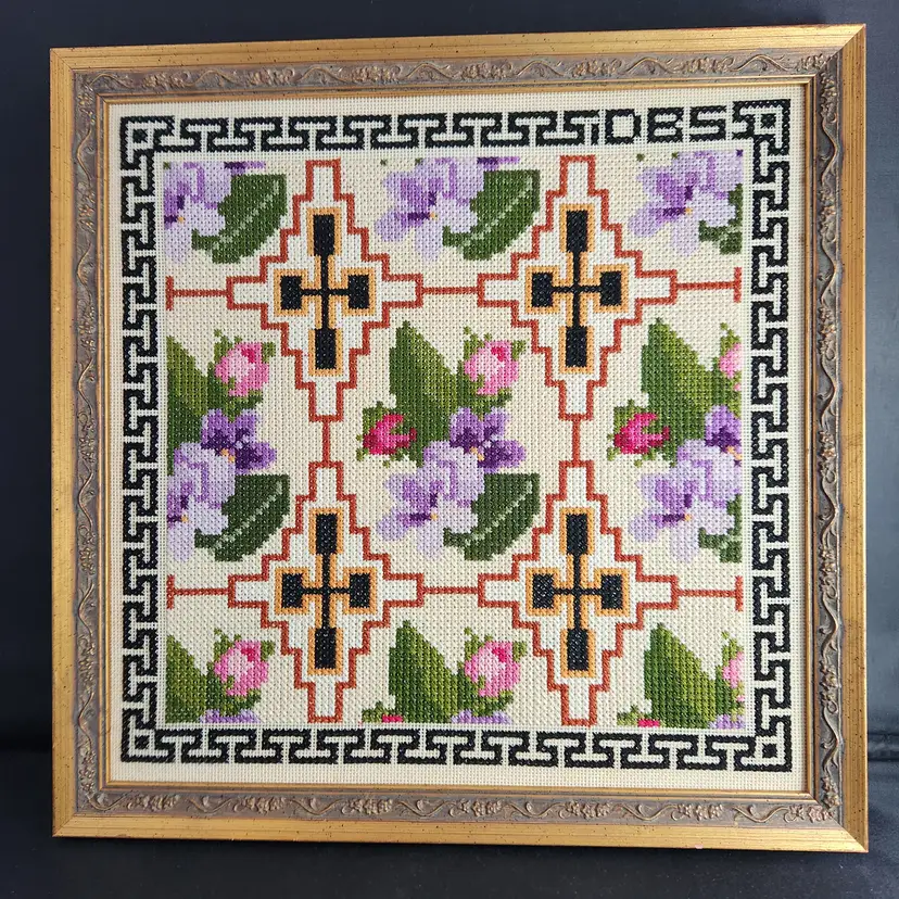 Cross Stitch Wall Art Hand Stitched Geometric Pattern w Violets & Roses in Custom Antique Gold Tone Frame Greek Key - USA