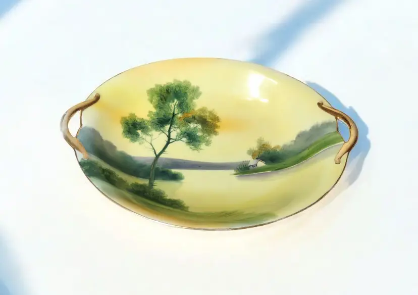 Vintage Noritake Nippon Handled Bowl Handpainted Landscape Porcelain Serving