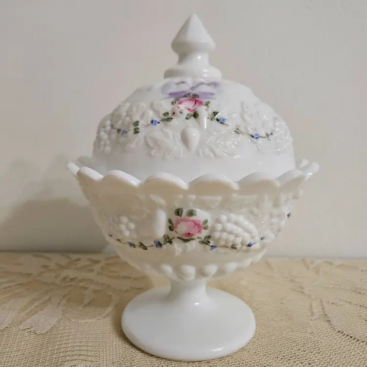 Westmoreland Handpainted Roses and Bows Milk Glass Candy Compote Dish