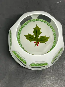 Perthshire White Cut To Clear Millefiori Holly Berry Paperweight 1978