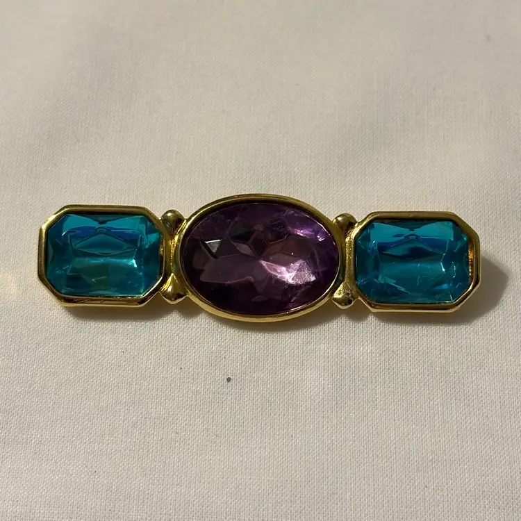 Vintage Trifari Gold Tone Bar Brooch With Purple And Teal Glass