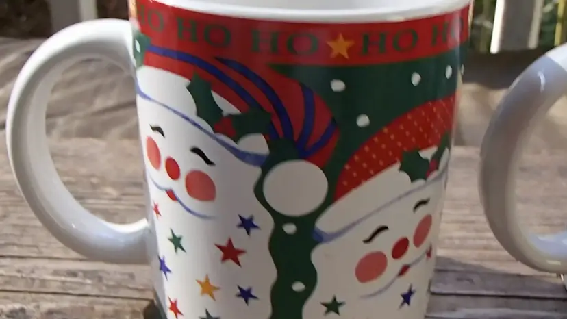 Two Christmas Holiday Mugs. Great For Coffee or Cocoa Mug. Santa and Snowman. Riviera / Van Beers by Signature. Limited Edition 1996.