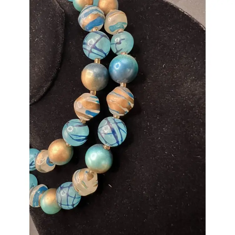 WOW Vintage Czech UV Glow Uranium Blue & Gold Glass Beaded Necklace Hand Painted