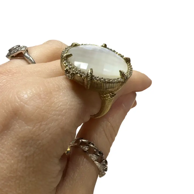 Judith Ripka 18K Gold Plated Sterling Mother Of Pearl CZ Doublet Ring Size 8 20.93 Grams