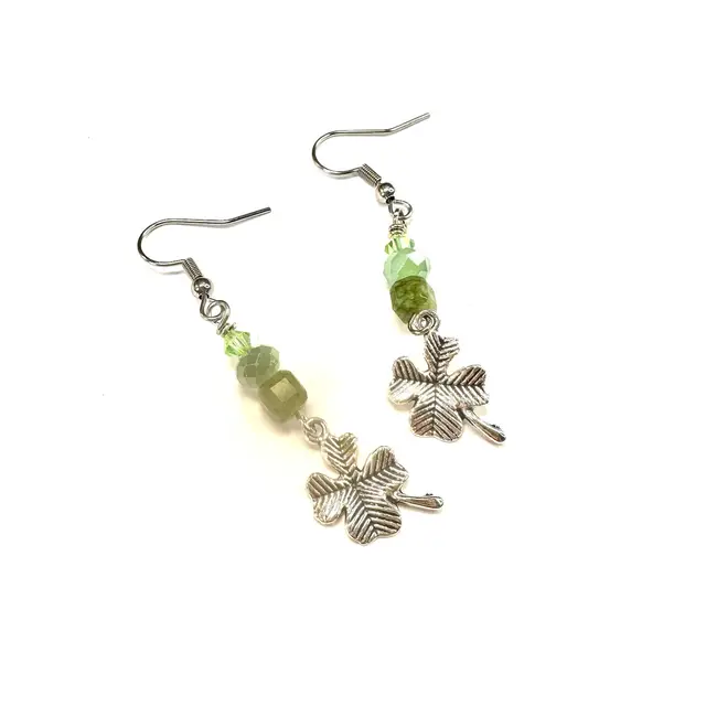 St. Patrick’s Day Lucky Four Leaf Clover Earrings Silver Tone 2” Made By Me