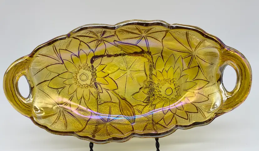 Indiana Carnival Marigold Sunflower Glass Candy Relish Dish 9.5"