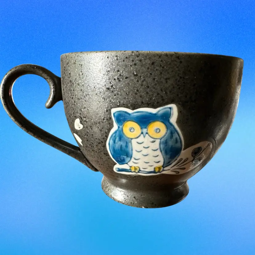 New Japanese Kafuh 12 oz. Mug In Iron Glaze Owl Hearts Flower Original Sticker.