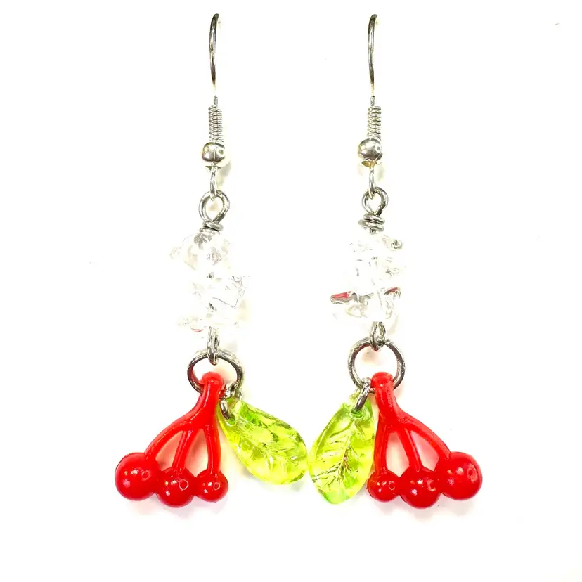 Vintage Cherry Leaf Charms Clear Quartz Chip Beads Handmade Dangle Earrings Silver Tone 2” L Made By Me