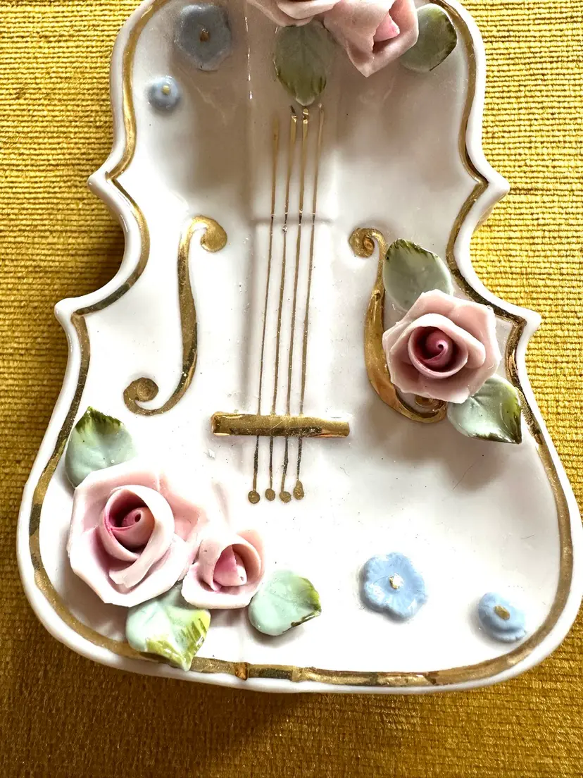 Vintage Napco Porcelain Violin Vase Planter Pink blue w Gold No Issues