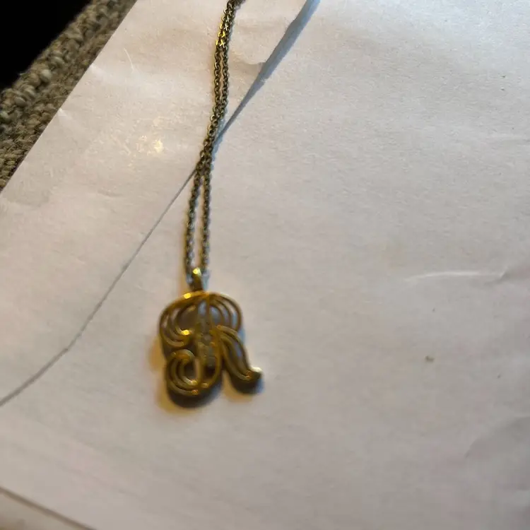 Gold Tone “R” Necklace With Rhinestones