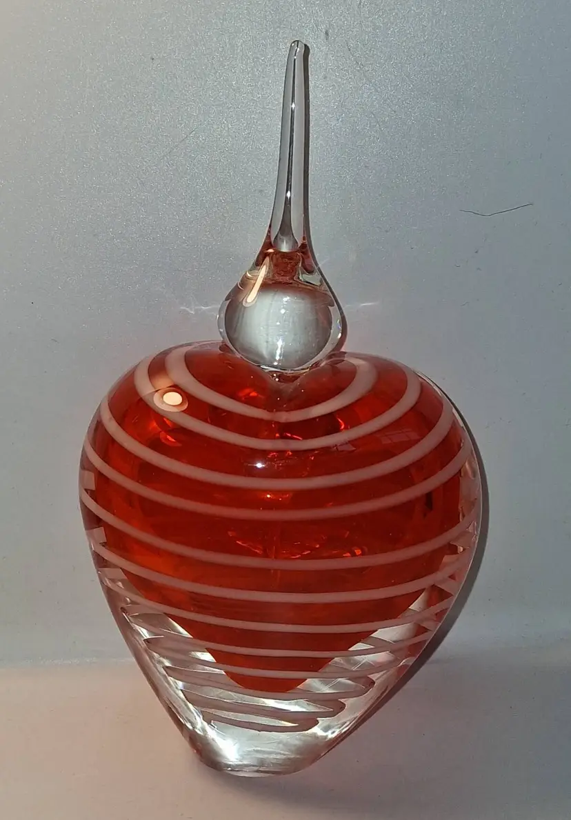 Vintage Heart Shaped Red & White Art Glass Perfume Bottle withClear Stopper