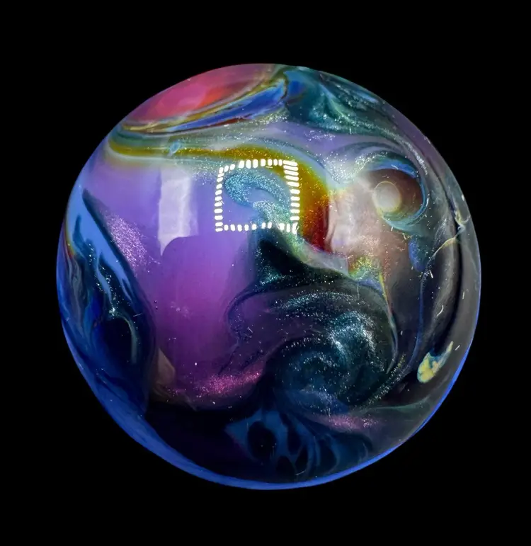 Kristi Macdonald Art Glass Marble 1.37” Pink Nebula Purple Blue Yellow Shimmer